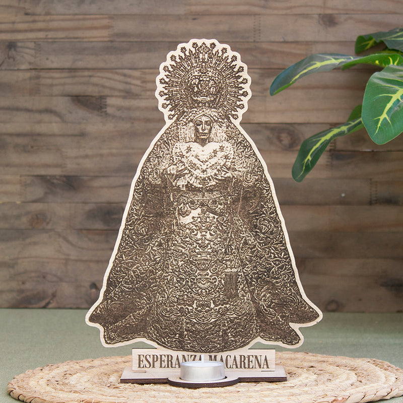 Altar de madera grabado Esperanza Macarena con portavela para vela de té para tiendas y mayoristas de artículos religiosos.