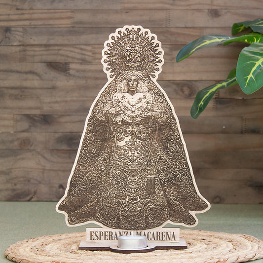 Altar de madera grabado Esperanza Macarena con portavela para vela de té para tiendas y mayoristas de artículos religiosos.
