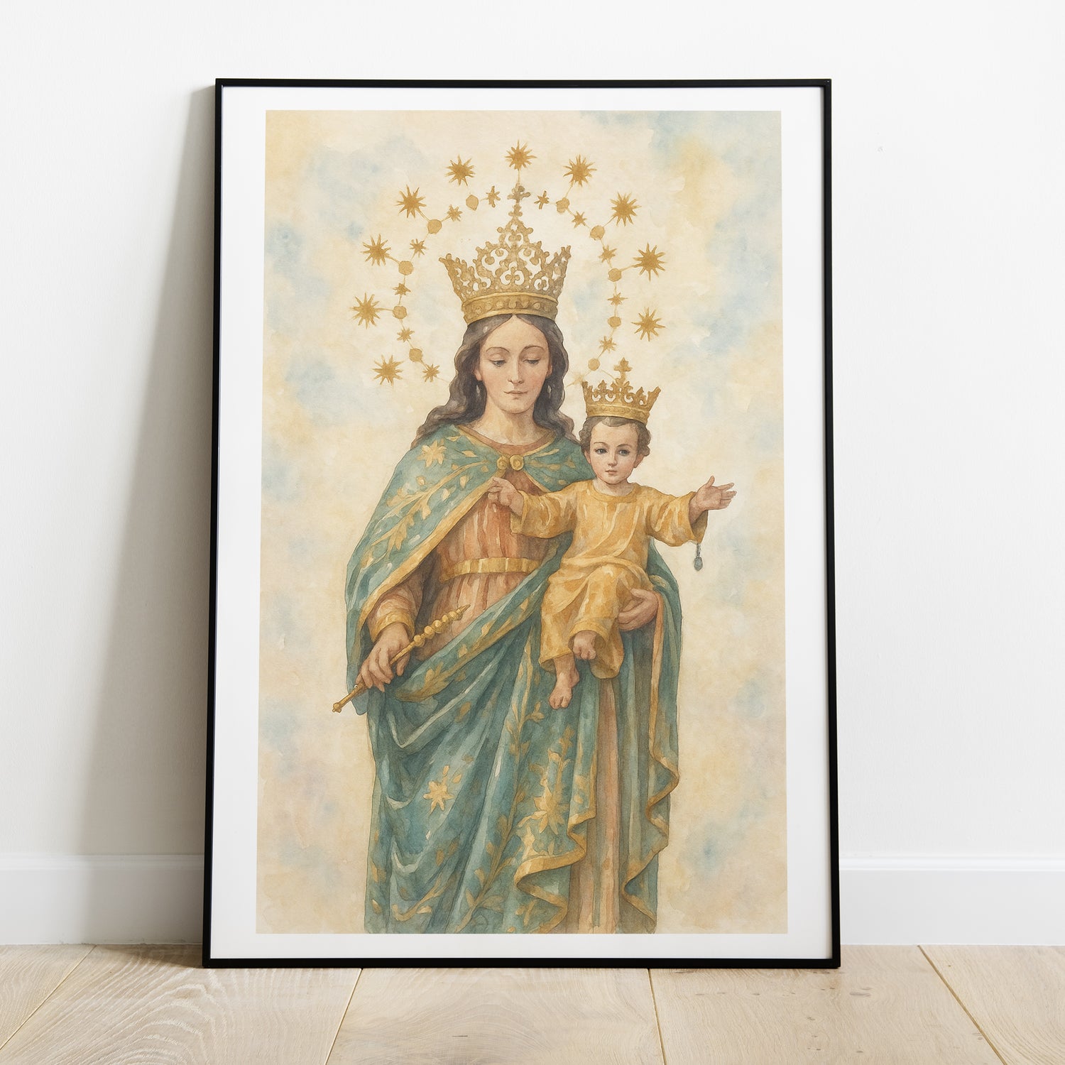 Lámina de María Auxiliadora de alta calidad para protección, fe cristiana y peticiones urgentes. Ideal para mayoristas y tiendas religiosas.