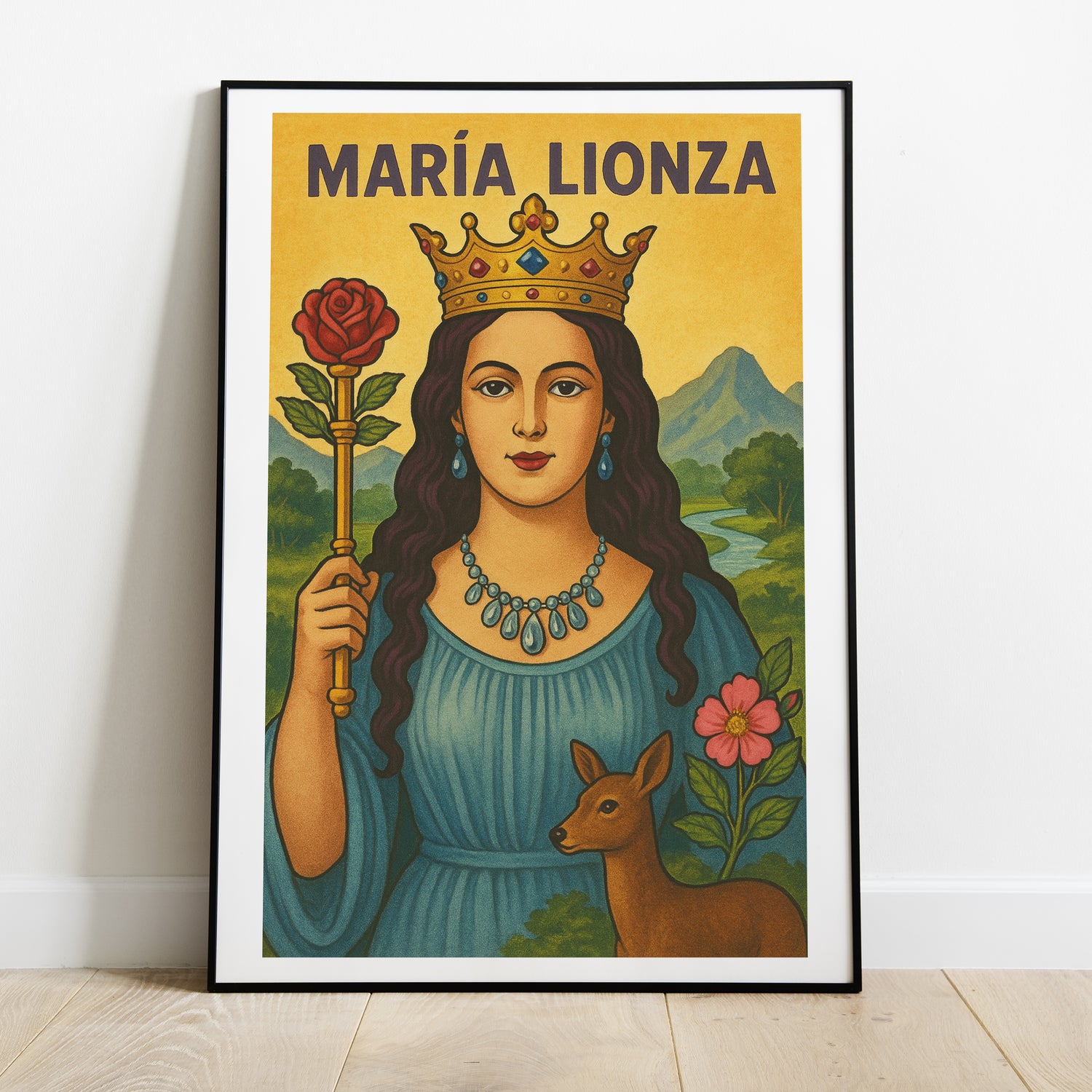 Lámina María Lionza en papel premium con símbolos esotéricos de la naturaleza, ideal para mayoristas y decoración espiritual.