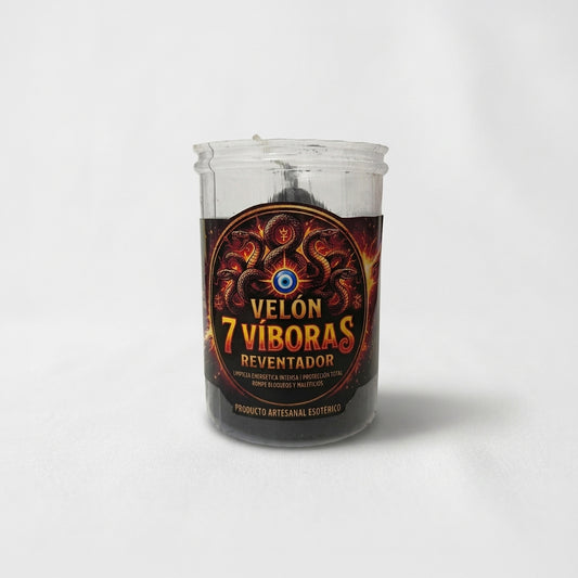 Velón 7 Víboras negro en vaso al por mayor para tiendas esotéricas.