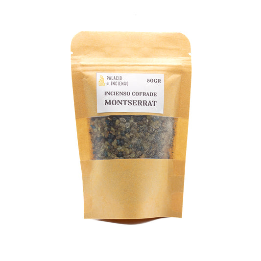 Incienso Cofrade a Granel Montserrat en formato de 50g, ideal para pasos de vírgenes y cristos, con aromas profundos y florales.