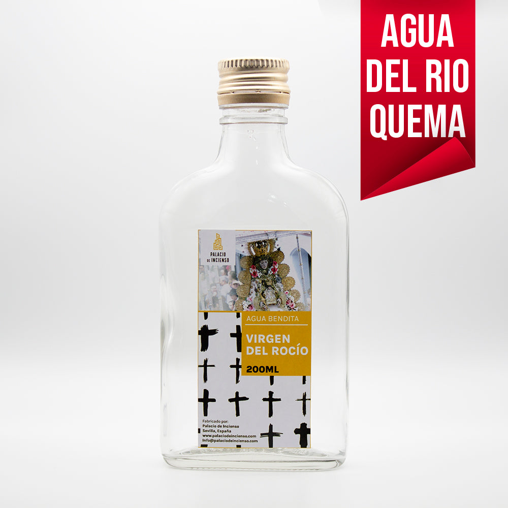 Botella de Agua Bendita Virgen del Rocío del Río Quema, ritualizada para protección y sanación espiritual.